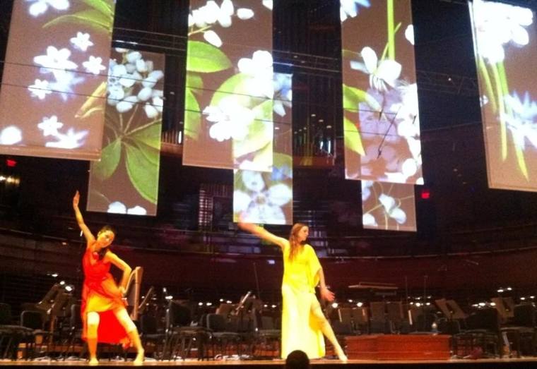 Two dancers in red and yellow before the orchestra under hanging banners of projected flowers